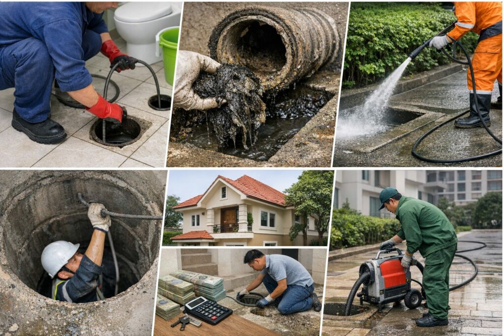 Hình ảnh thực tế dịch vụ thông cống Hà Nội với nhiều tình huống xử lý tắc nghẽn bằng thiết bị chuyên dụng