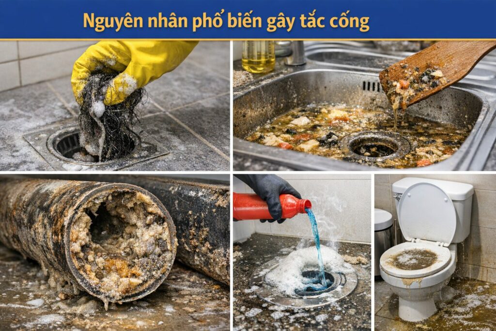 Nguyên nhân phổ biến gây tắc cống tại Hà Nội do dầu mỡ, rác thải và cặn bẩn tích tụ
