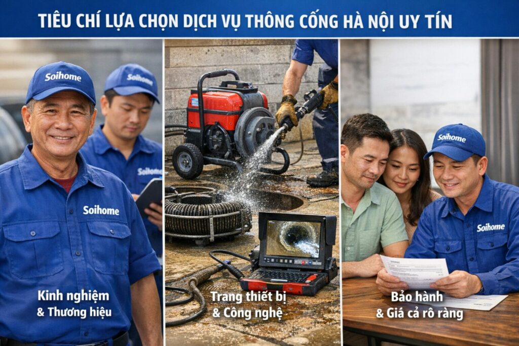 Tiêu chí lựa chọn dịch vụ thông cống Hà Nội uy tín với đội ngũ Soihome, thiết bị hiện đại và tư vấn giá cả rõ ràng