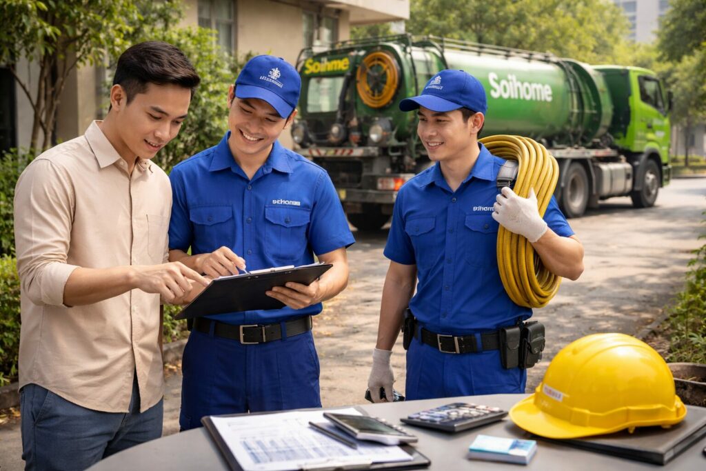 Khách hàng trao đổi với kỹ thuật viên công ty hút bể phốt uy tín tại Hà Nội